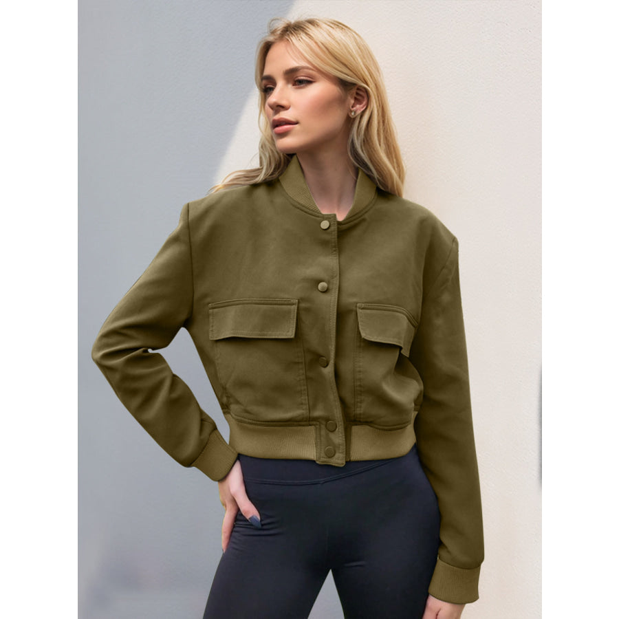 Pocketed Snap Down Baseball Collar Jacket Moss / S Apparel and Accessories