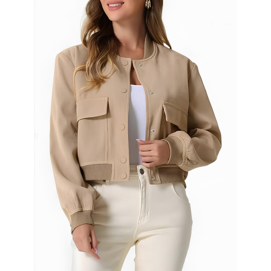 Pocketed Snap Down Baseball Collar Jacket Tan / S Apparel and Accessories