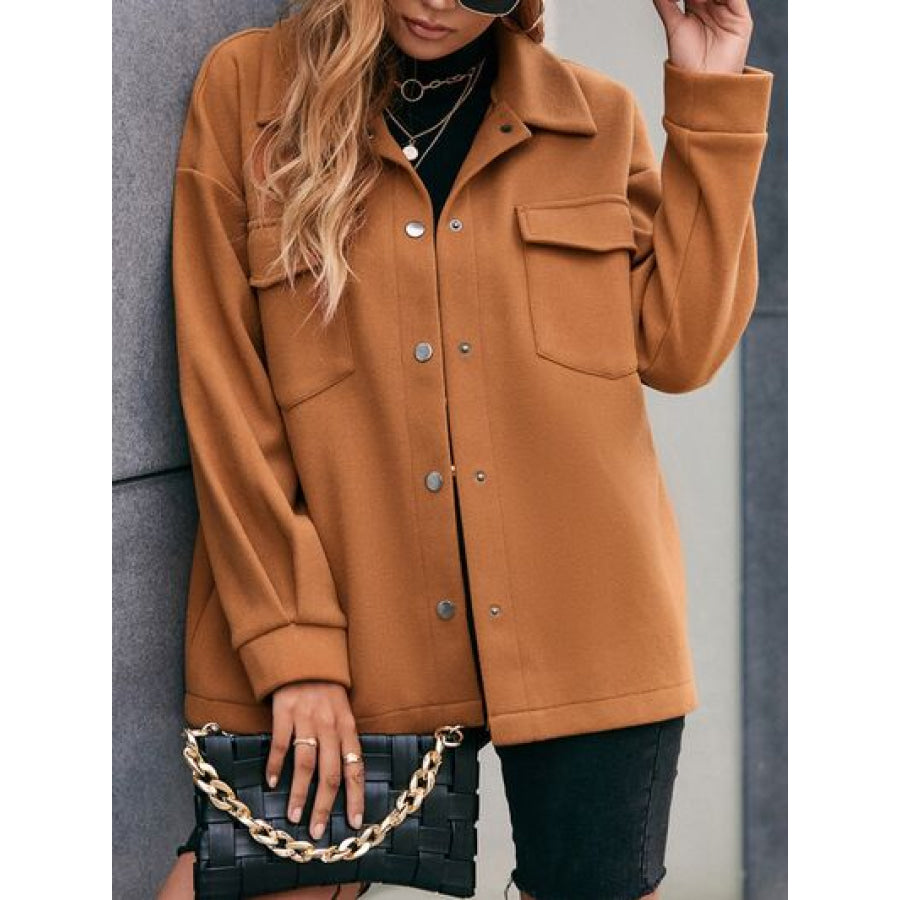 Pocketed Snap Down Dropped Shoulder Jacket Caramel / S Apparel and Accessories