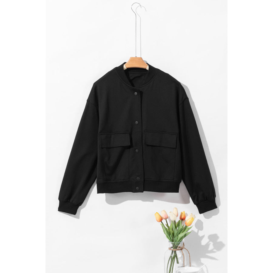 Pocketed Snap Down Long Sleeve Jacket Black / S Apparel and Accessories