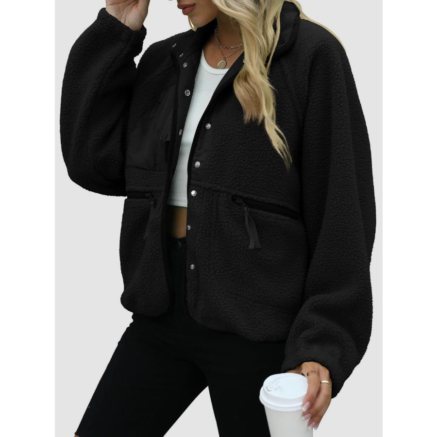 Pocketed Snap Down Sherpa Jacket Black / S Apparel and Accessories