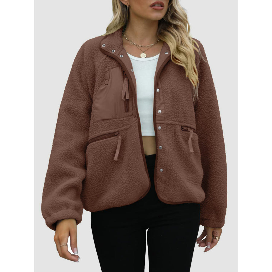 Pocketed Snap Down Sherpa Jacket Brown / S Apparel and Accessories