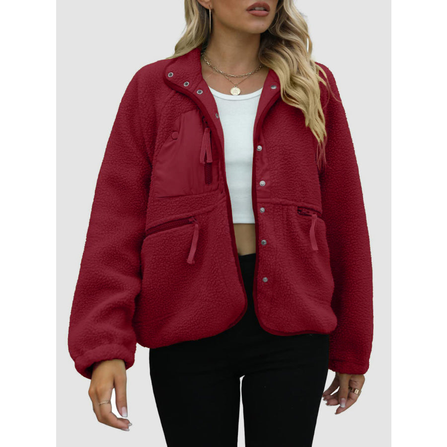 Pocketed Snap Down Sherpa Jacket Burgundy / S Apparel and Accessories