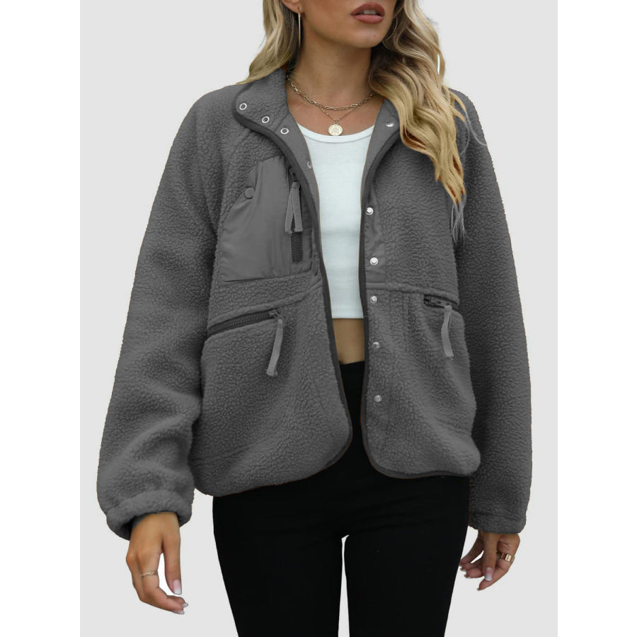 Pocketed Snap Down Sherpa Jacket Dark Gray / S Apparel and Accessories