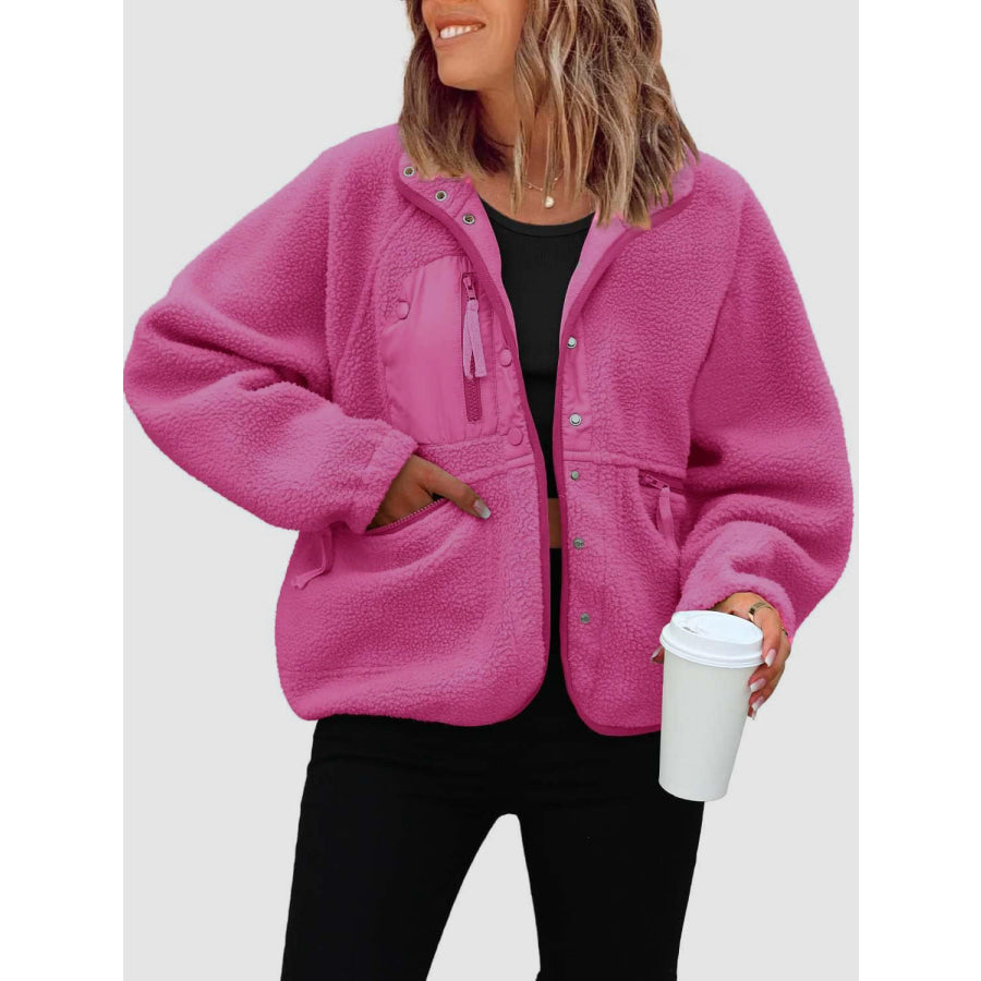 Pocketed Snap Down Sherpa Jacket Fuchsia Pink / S Apparel and Accessories