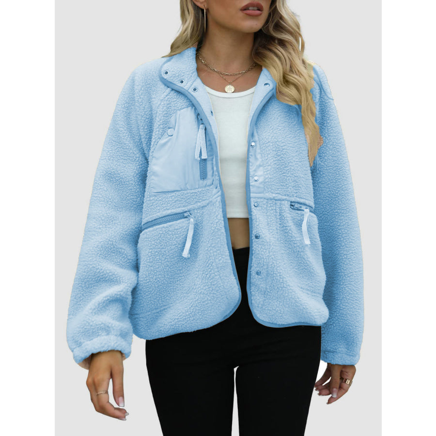 Pocketed Snap Down Sherpa Jacket Light Blue / S Apparel and Accessories