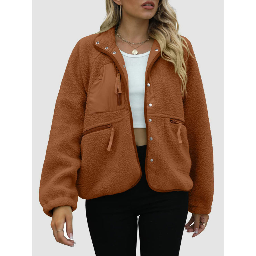 Pocketed Snap Down Sherpa Jacket Ochre / S Apparel and Accessories