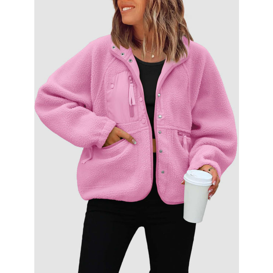 Pocketed Snap Down Sherpa Jacket Pink / S Apparel and Accessories