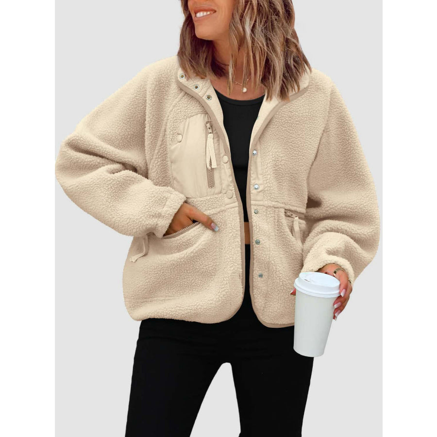 Pocketed Snap Down Sherpa Jacket Tan / S Apparel and Accessories