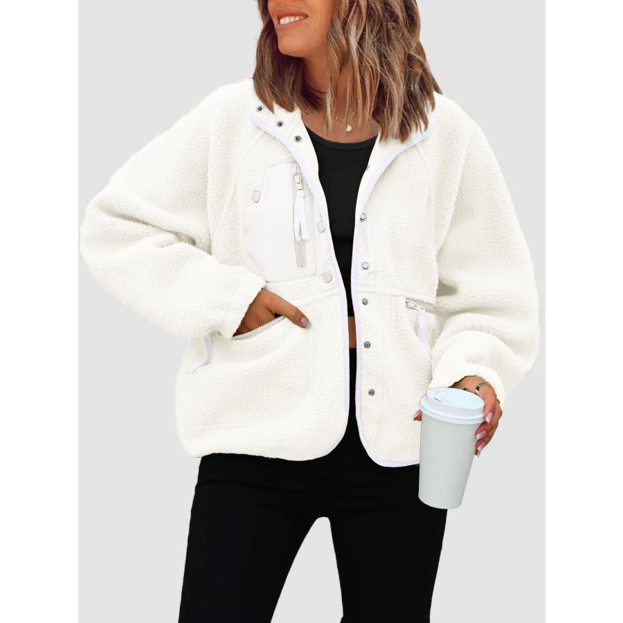 Pocketed Snap Down Sherpa Jacket White / S Apparel and Accessories