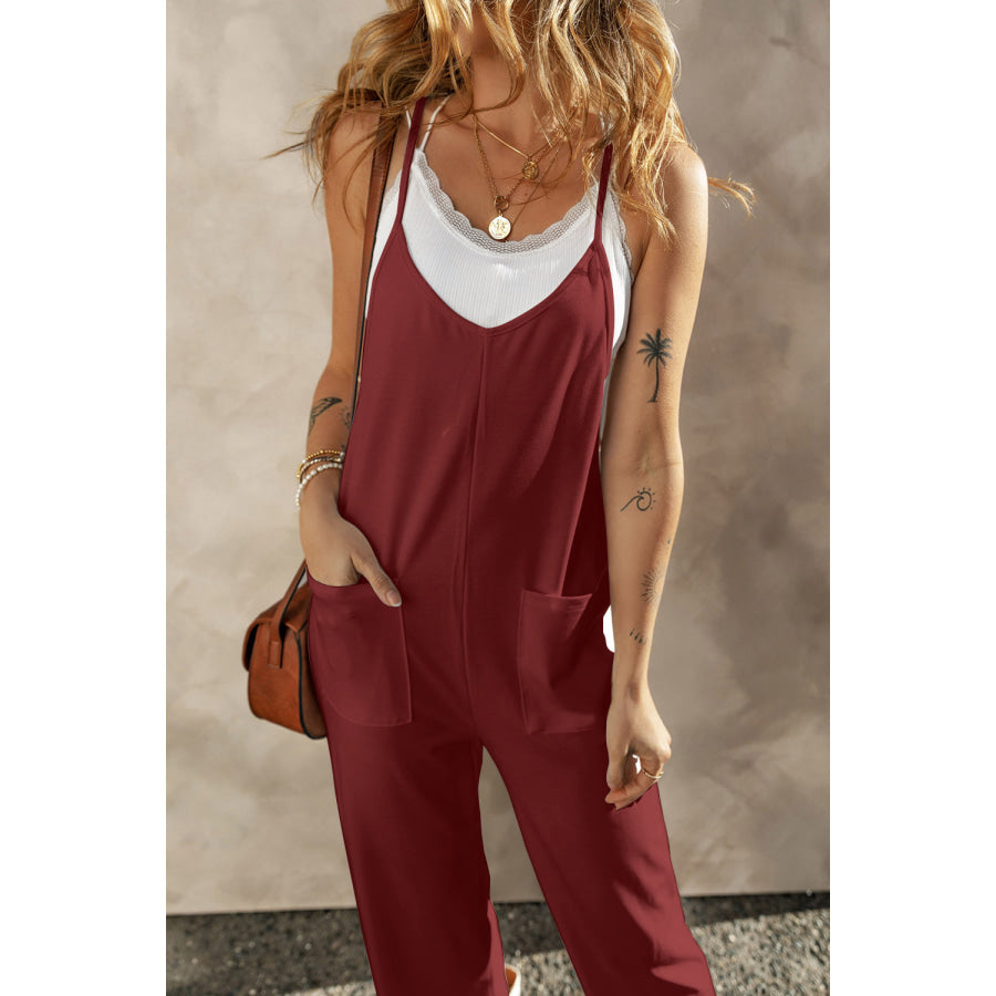 Pocketed Spaghetti Strap Wide Leg Jumpsuit Apparel and Accessories