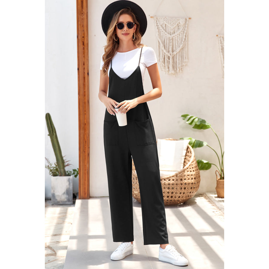 Pocketed Spaghetti Strap Wide Leg Jumpsuit Black / S Apparel and Accessories