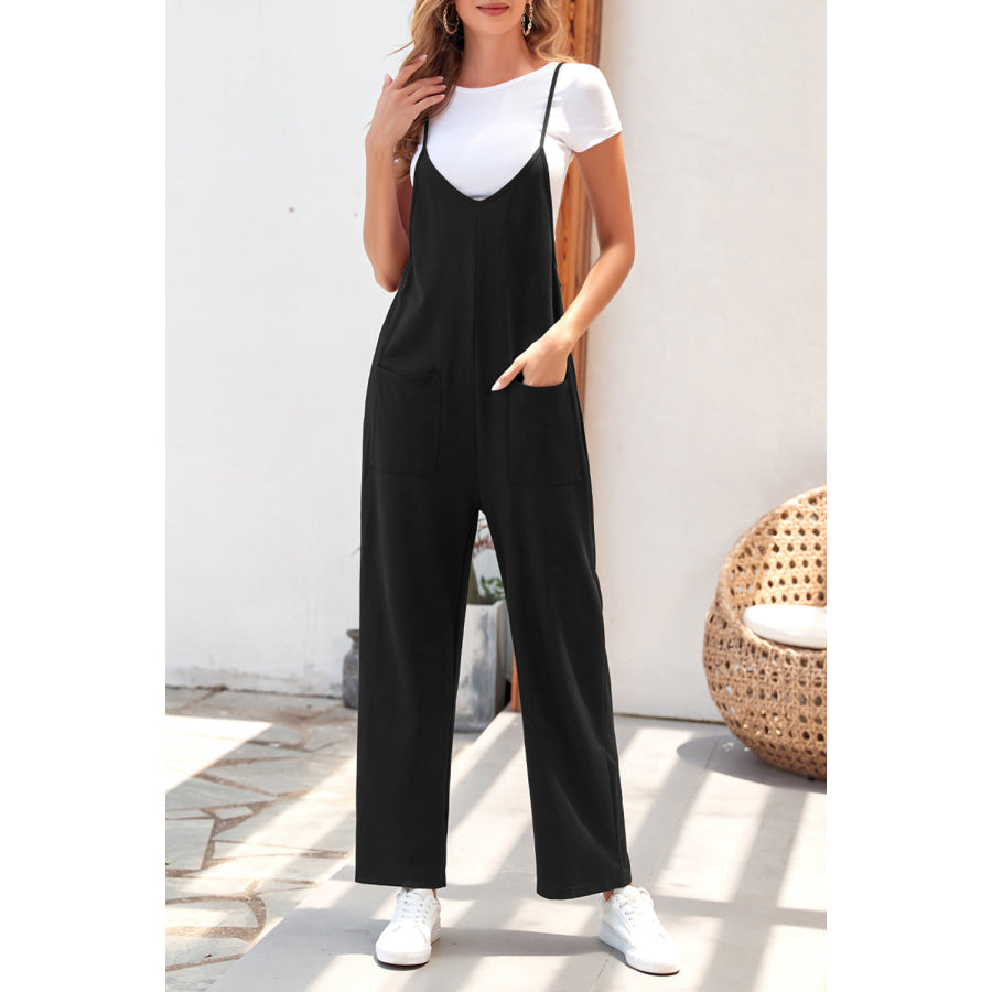 Pocketed Spaghetti Strap Wide Leg Jumpsuit Black / S Apparel and Accessories