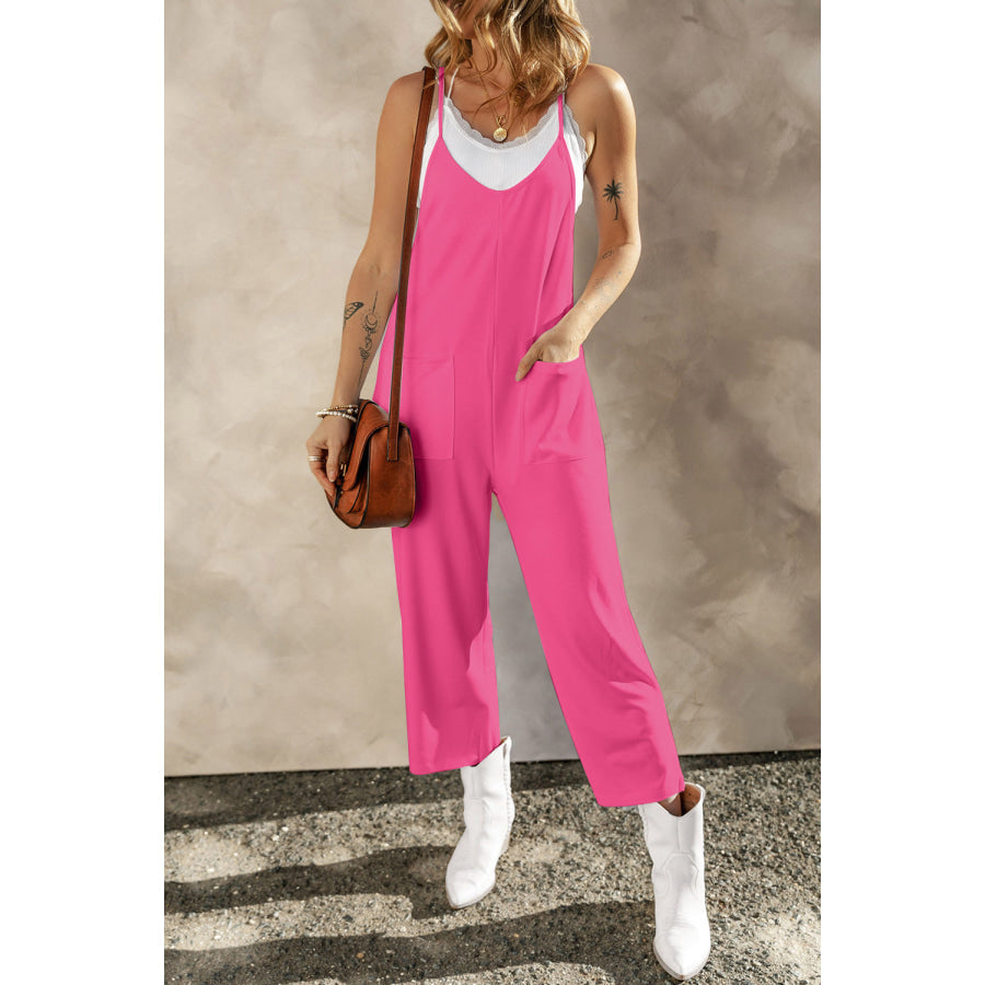 Pocketed Spaghetti Strap Wide Leg Jumpsuit Hot Pink / S Apparel and Accessories
