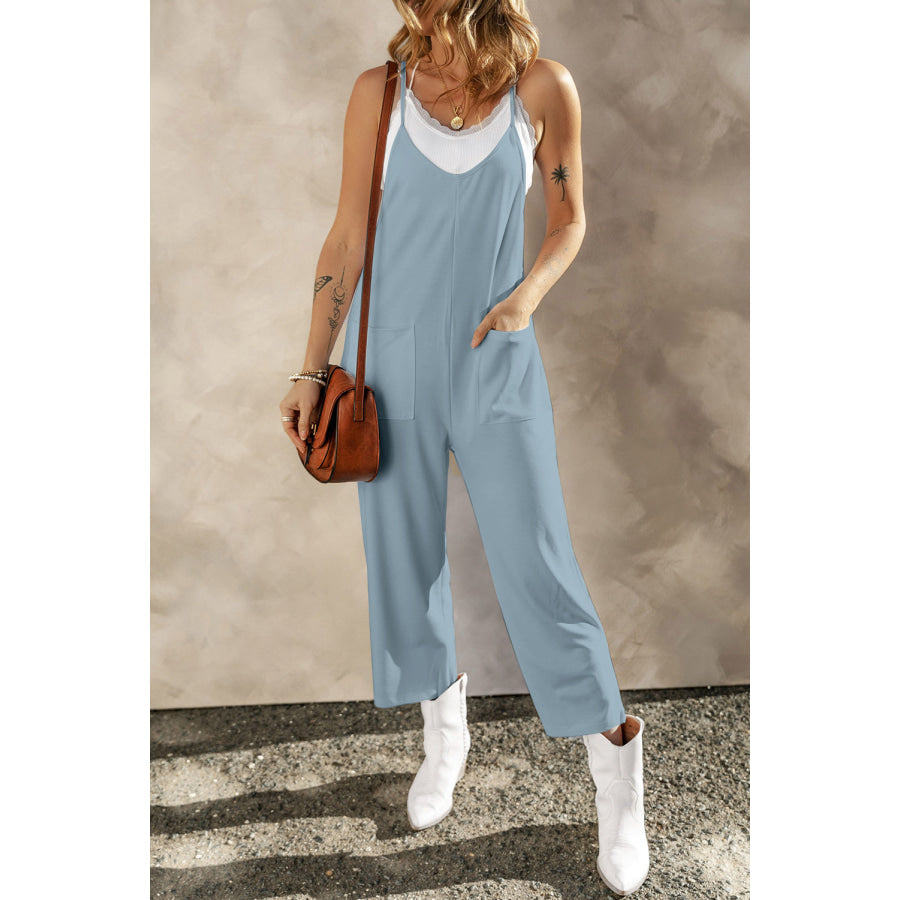 Pocketed Spaghetti Strap Wide Leg Jumpsuit Misty Blue / S Apparel and Accessories