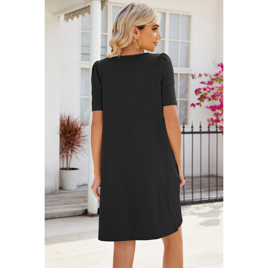 Pocketed Square Neck Short Sleeve Dress Apparel and Accessories