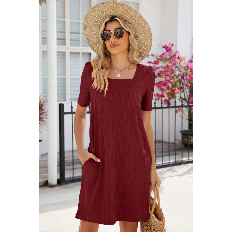 Pocketed Square Neck Short Sleeve Dress Apparel and Accessories