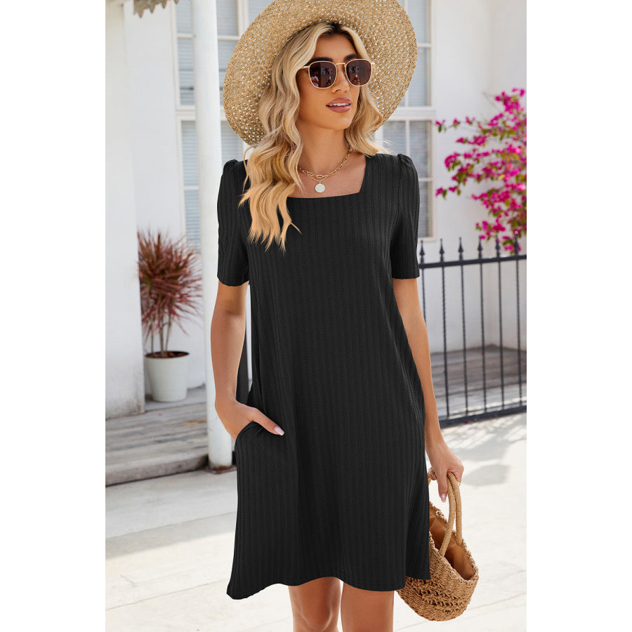 Pocketed Square Neck Short Sleeve Dress Apparel and Accessories