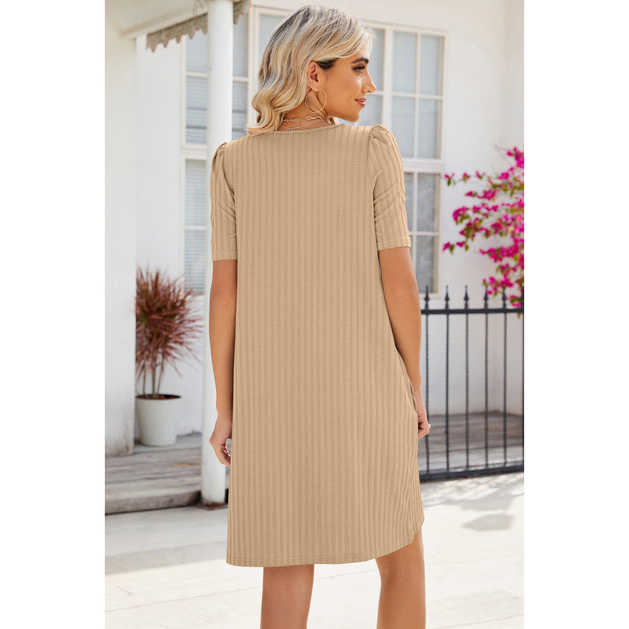 Pocketed Square Neck Short Sleeve Dress Tan / S Apparel and Accessories