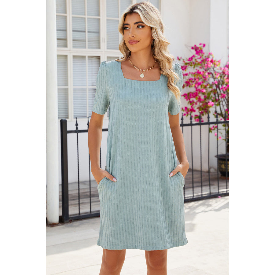 Pocketed Square Neck Short Sleeve Dress Apparel and Accessories