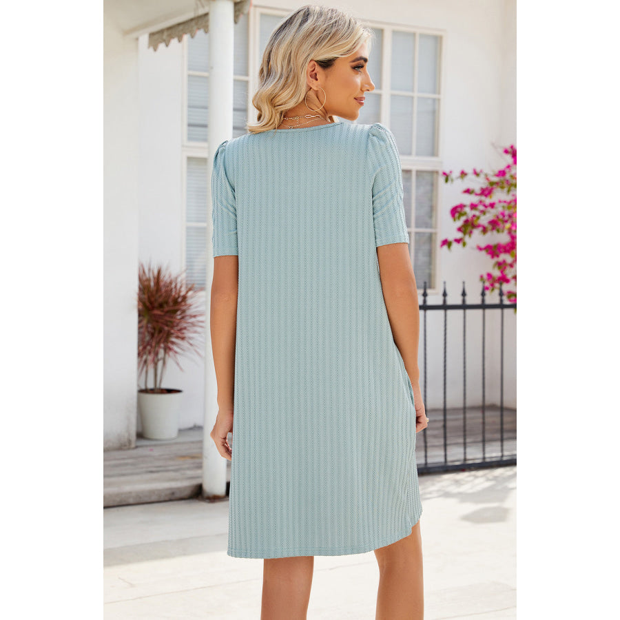 Pocketed Square Neck Short Sleeve Dress Apparel and Accessories