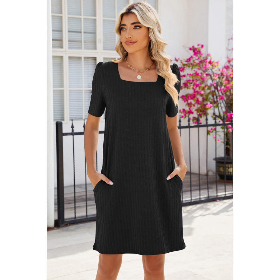 Pocketed Square Neck Short Sleeve Dress Apparel and Accessories