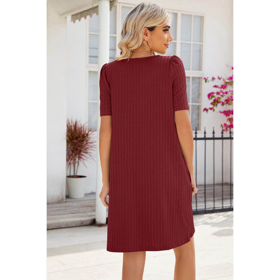 Pocketed Square Neck Short Sleeve Dress Apparel and Accessories