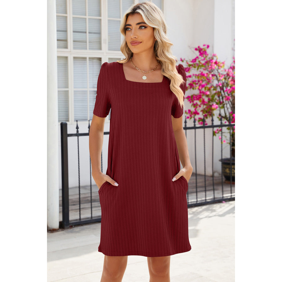 Pocketed Square Neck Short Sleeve Dress Apparel and Accessories