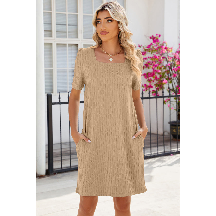 Pocketed Square Neck Short Sleeve Dress Apparel and Accessories