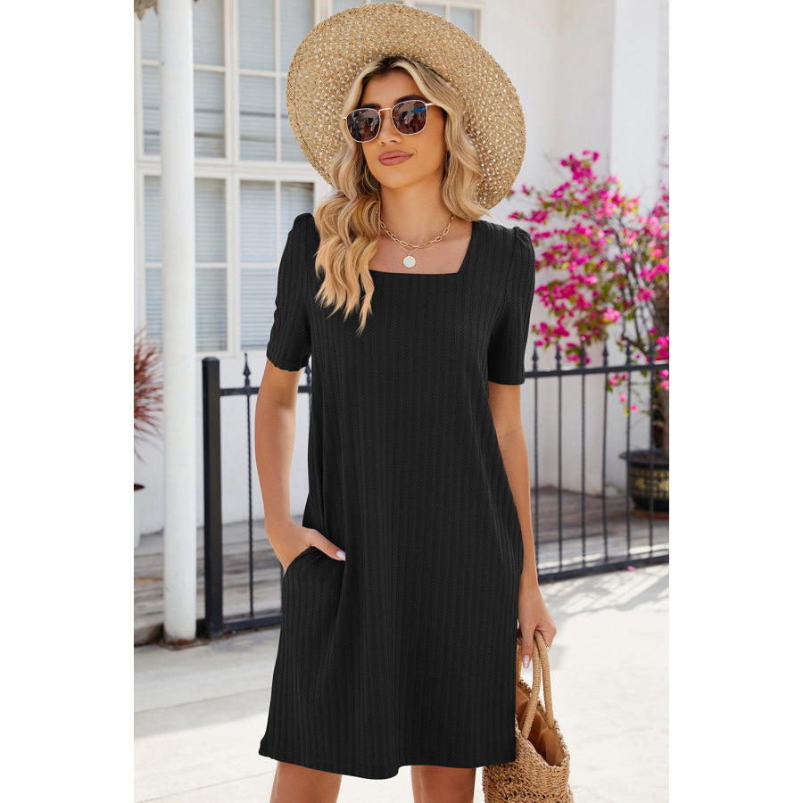 Pocketed Square Neck Short Sleeve Dress Black / S Apparel and Accessories