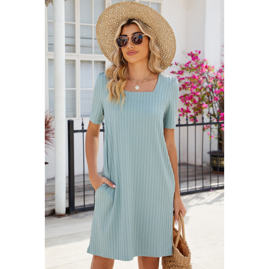 Pocketed Square Neck Short Sleeve Dress Gum Leaf / S Apparel and Accessories