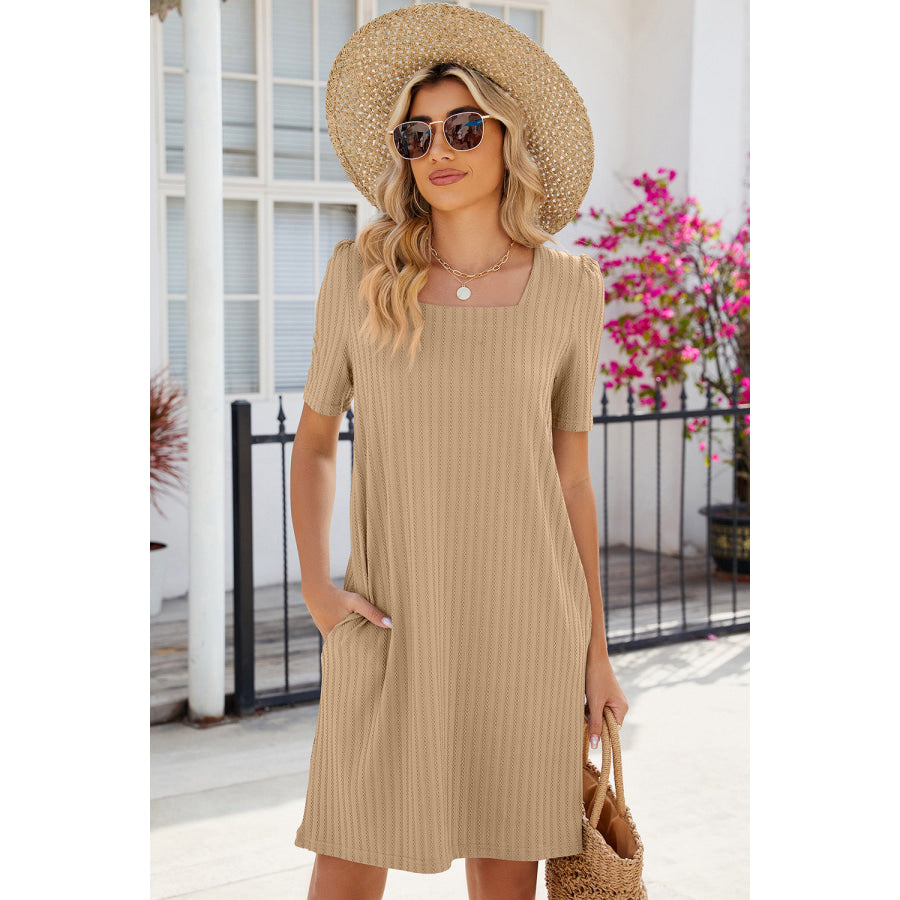 Pocketed Square Neck Short Sleeve Dress Tan / S Apparel and Accessories