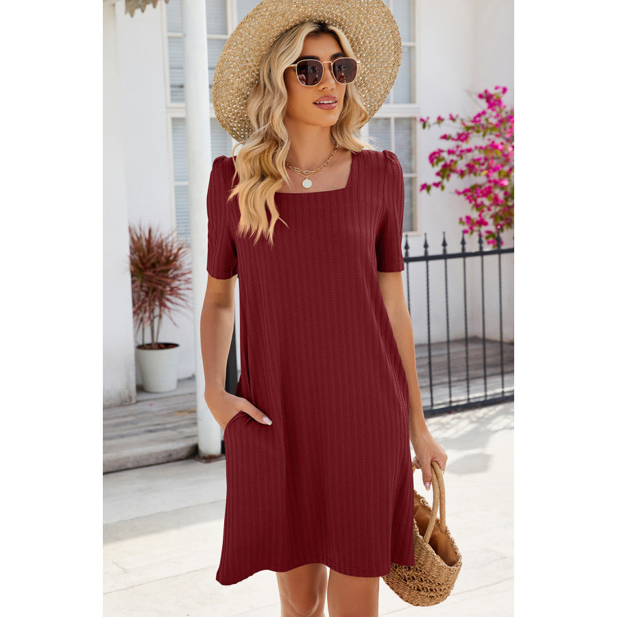 Pocketed Square Neck Short Sleeve Dress Wine / S Apparel and Accessories