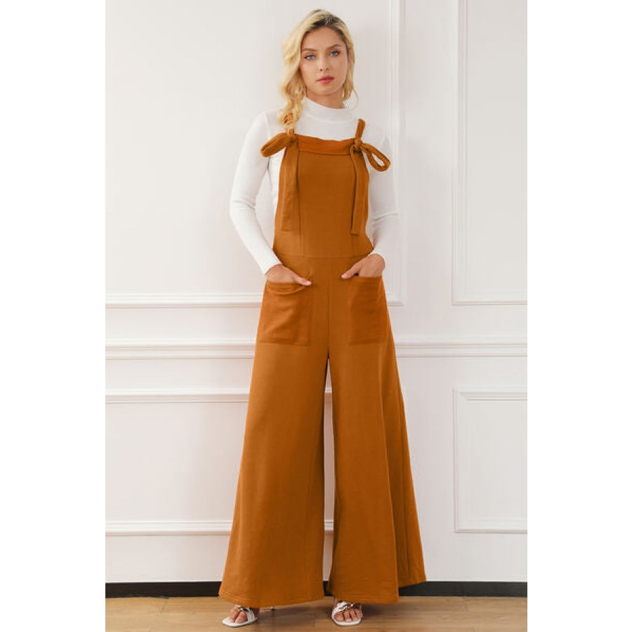 Pocketed Square Neck Wide Strap Jumpsuit Ochre / S Clothing