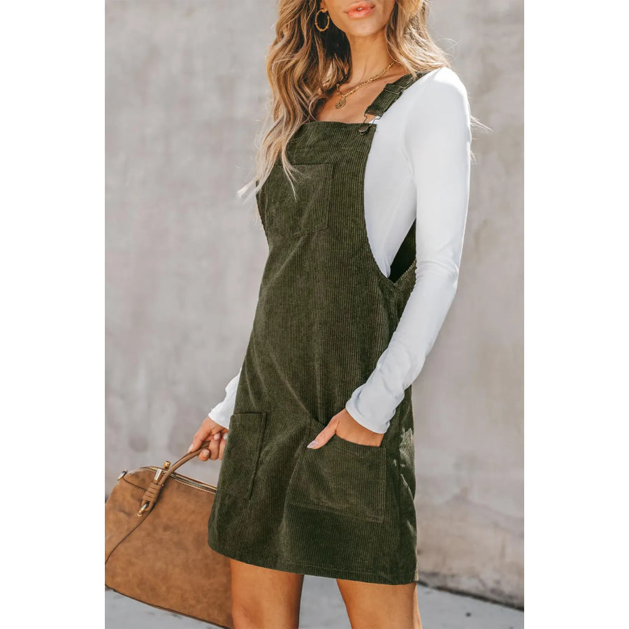 Pocketed Square Neck Wide Strap Overall Dress Apparel and Accessories