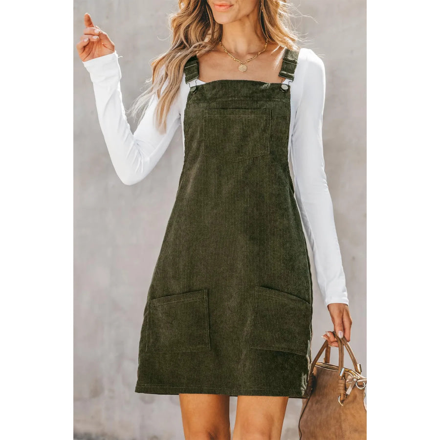 Pocketed Square Neck Wide Strap Overall Dress Apparel and Accessories