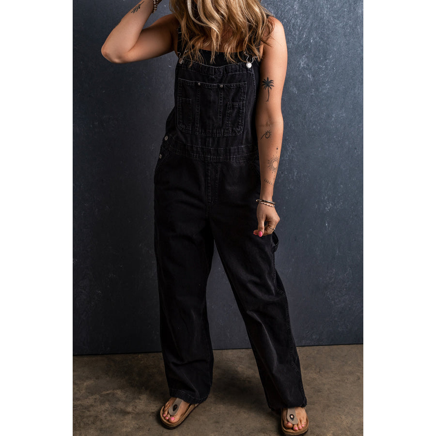 Pocketed Straight Denim Overalls Black / S Apparel and Accessories