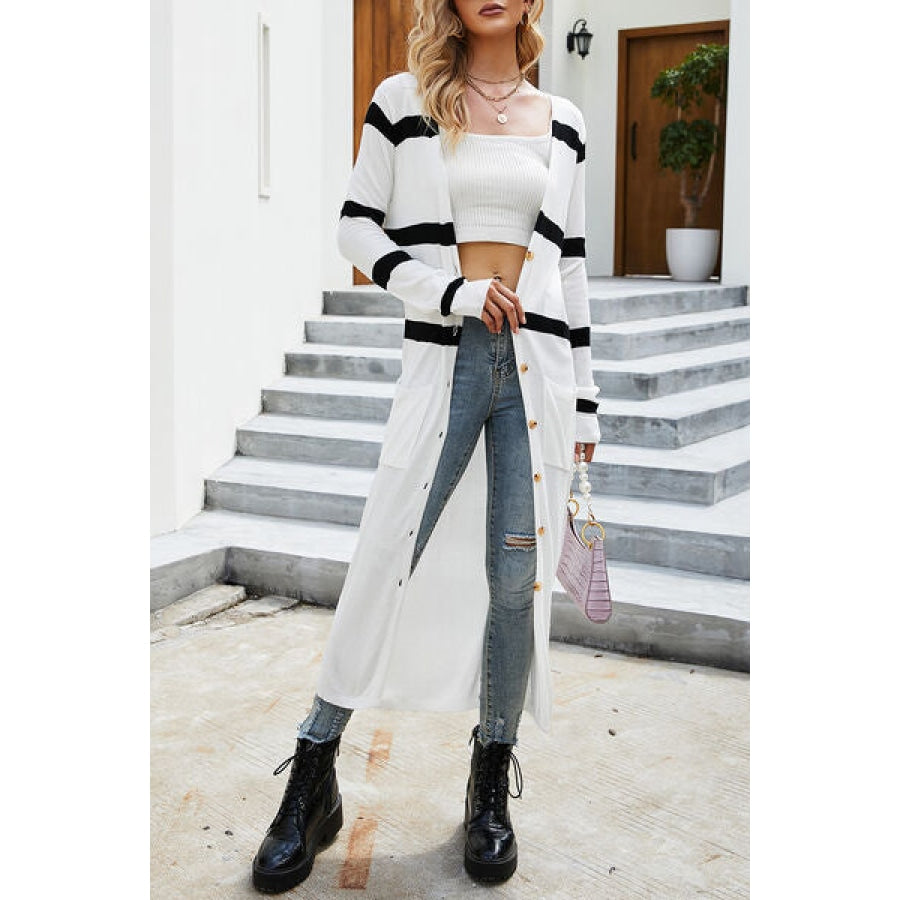 Pocketed Striped Button Up Cardigan White / S Apparel and Accessories