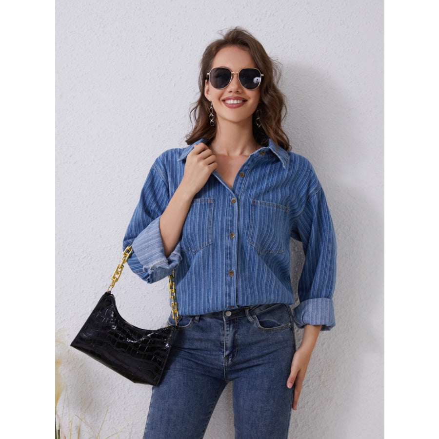 Pocketed Striped Button Up Denim Shirt Apparel and Accessories