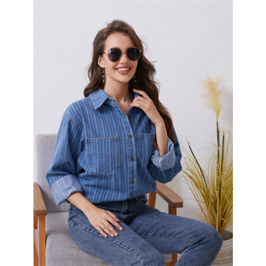 Pocketed Striped Button Up Denim Shirt Apparel and Accessories