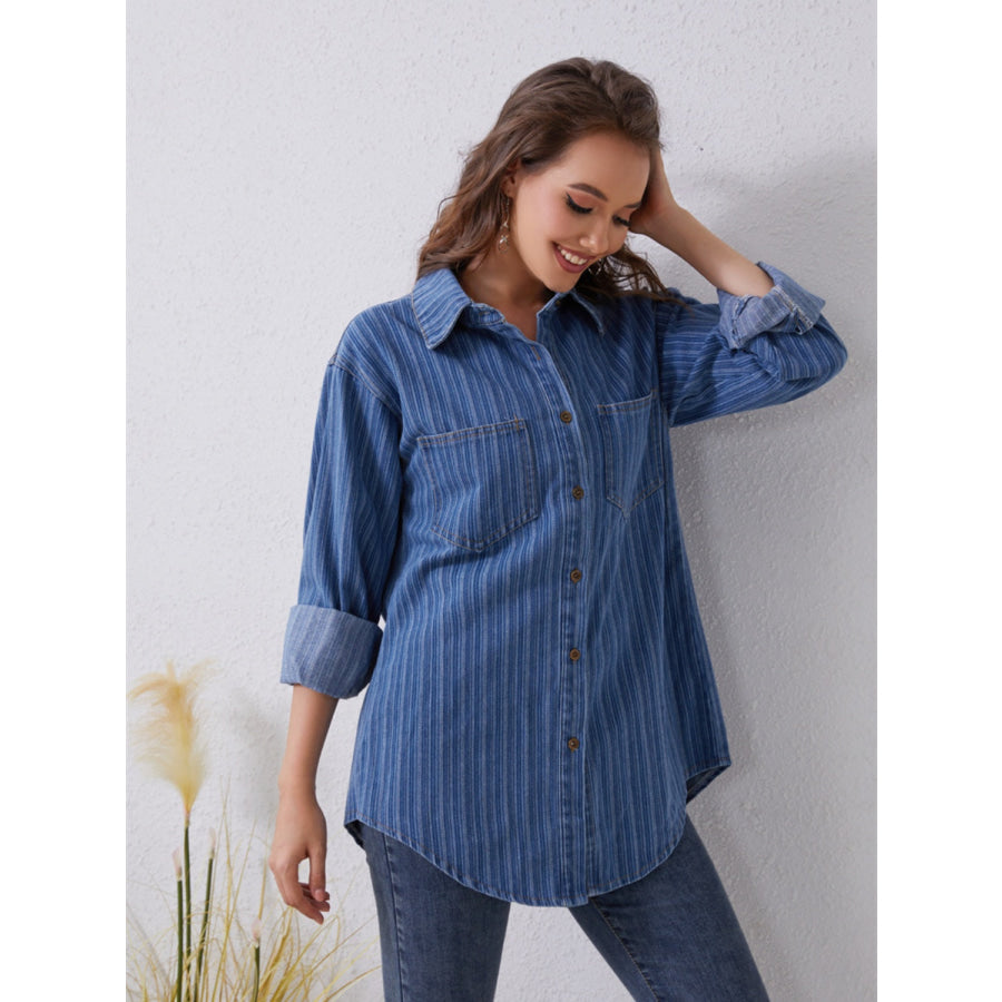 Pocketed Striped Button Up Denim Shirt Medium / S Apparel and Accessories