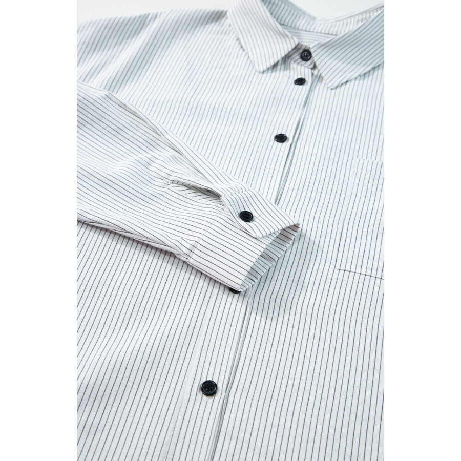 Pocketed Striped Collared Neck Long Sleeve Shirt Apparel and Accessories