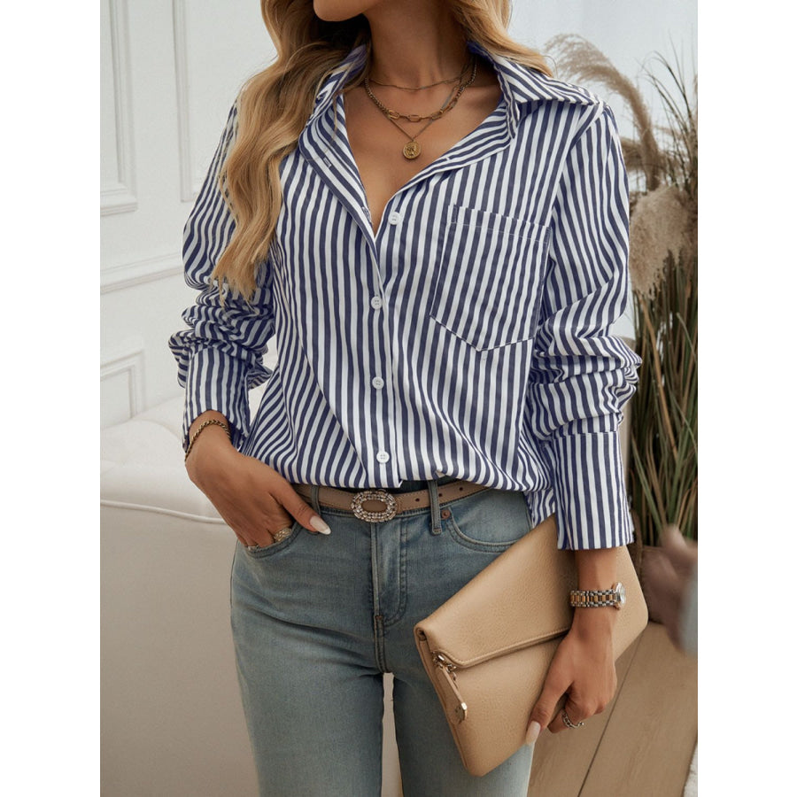 Pocketed Striped Collared Neck Long Sleeve Shirt Apparel and Accessories