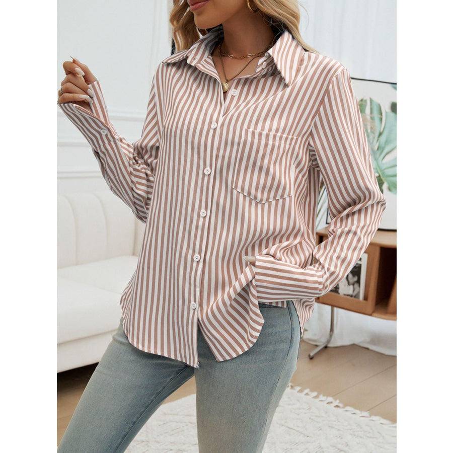 Pocketed Striped Collared Neck Long Sleeve Shirt Apparel and Accessories