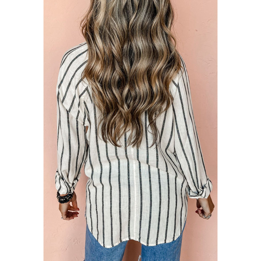 Pocketed Striped Collared Neck Long Sleeve Shirt White / S Apparel and Accessories