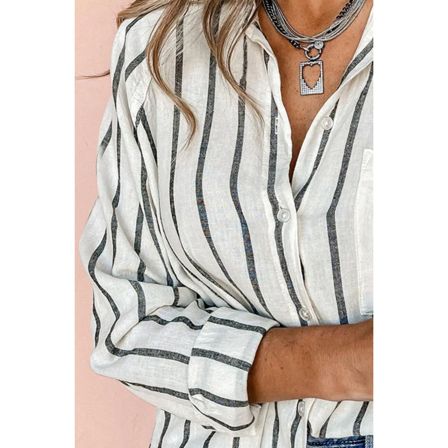 Pocketed Striped Collared Neck Long Sleeve Shirt Apparel and Accessories