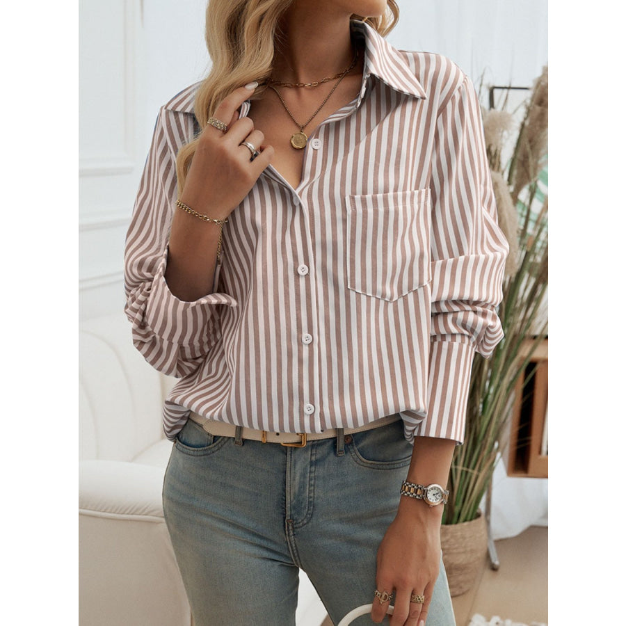 Pocketed Striped Collared Neck Long Sleeve Shirt Apparel and Accessories