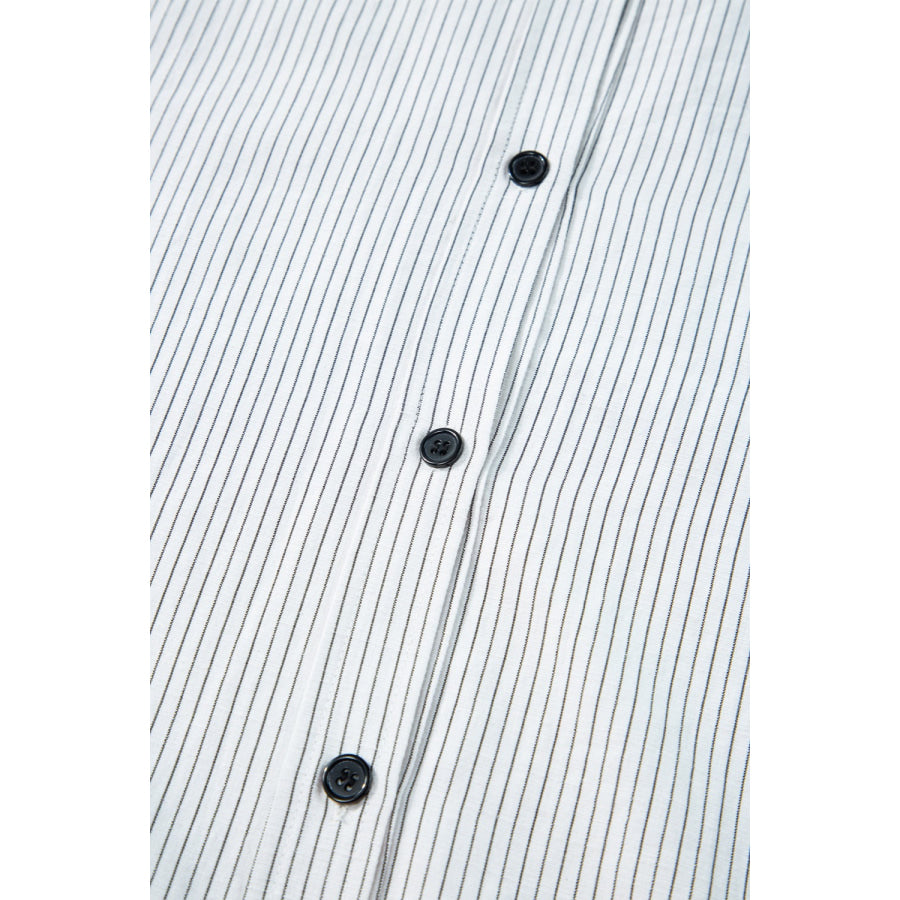 Pocketed Striped Collared Neck Long Sleeve Shirt Apparel and Accessories