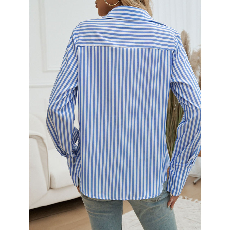 Pocketed Striped Collared Neck Long Sleeve Shirt Apparel and Accessories