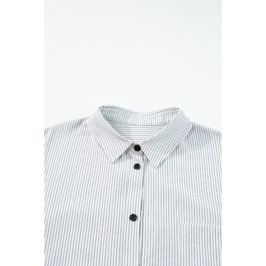 Pocketed Striped Collared Neck Long Sleeve Shirt Apparel and Accessories